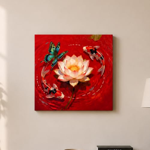 Image of PAINTINGMANTRA Lotus Koi Harmony Stretched Canvas Painting for Living Room | Vastu Lotus Fish Wall Decor Art For Livingroom, Bedroom, Office, Hallways - 16x16 Inch