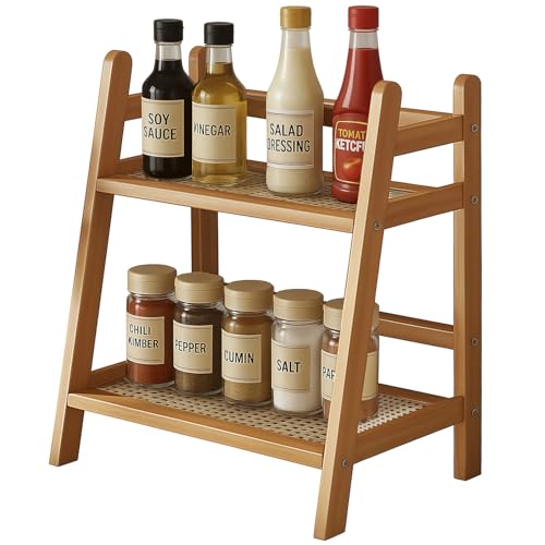 yeesport 2-stöckiges Küchenregal aus Holz, Gewürzregal in Rattanoptik, Gewürzregal, Küchenregal für die Arbeitsplatte, Kaffeebarregal, Teeregal fürs Büro, 28,5 x 17,5 x 27 cm