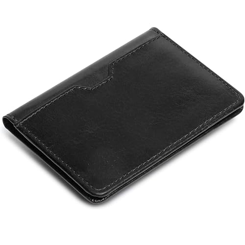 Image of Contacts Genuine Leather Slim Card Wallet for Men | RFID Blocking Minimalist Front Pocket Wallet | Compact Bifold Card Holder with Cash Slot (Black)