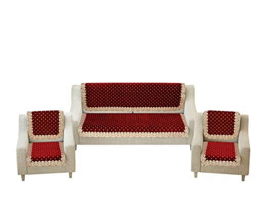 Image of Velvet Sofa Cover 3 Seater And 2 Seater - Premium Sofa Cover 5 Seater Full Cover Set For Couch- Heavy Fabric Sofa Seat Cover Slip Protector,Marrom (Pack Of 6, Maroon)