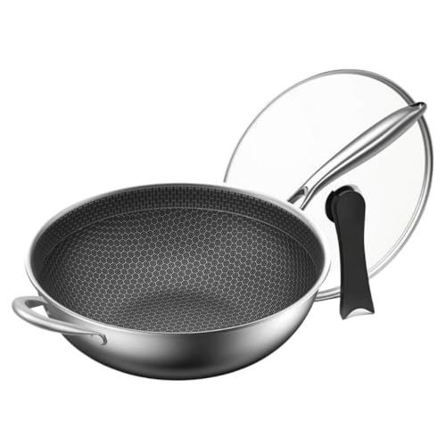 RoastMe ステンレススチール製のフライパン 平底 ノンスティック、コーティングなし 電磁調理器やガスコンロでの家庭用に最適 調理時の煙が少ない (36cm 極厚両手中華鍋(コンビネーションリッド付き))