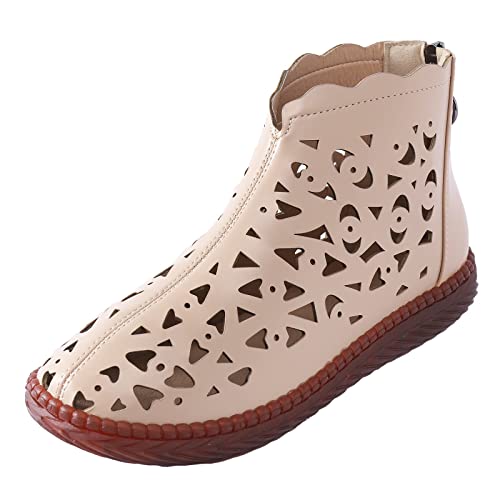 Botines mujer verano elegantes botas huecas cómodas transpirables botas de verano cortas con cremallera monocolor elegante zapatos de cuero sandalias zapatillas ortopédicas mujer, caqui, 41 EU