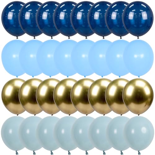 Image of Jobkoo Navy Blue Gold Balloons, 12 Inch Dusty Light Blue Golden Latex Balloon Set for Boys Birthday Winter Wonderland Wedding Baby Shower Party Decorations