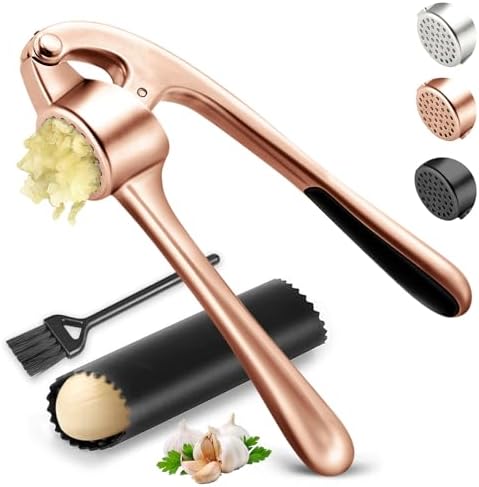 Kitchen Garlic Press Stainless Steel, Premium Rust Proof & Dishwasher Safe Garlic Mincer, Durable Garlic Crusher Set with Peeler＆Brush, Easy to Clean and Squeeze, Copper
