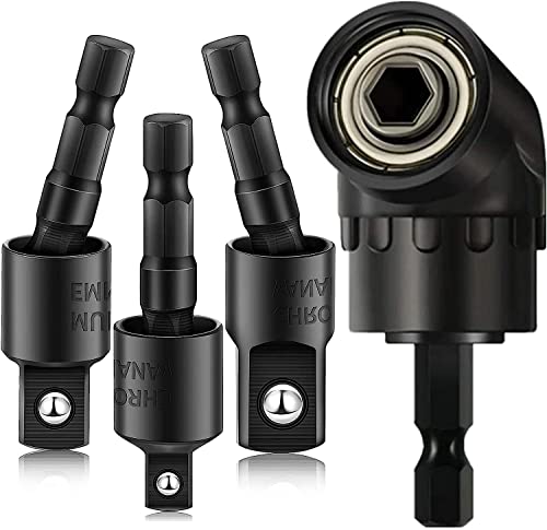 4 Pieces Impact Drill Bit Extension, 105° Right Angle Drill Adaptor, 360° Rotatable 1/4 3/8 1/2 Impact Grade Socket Adapter Set, 1/4 Hex Shank Impact Grade Socket Wrench Adapter Extension Set