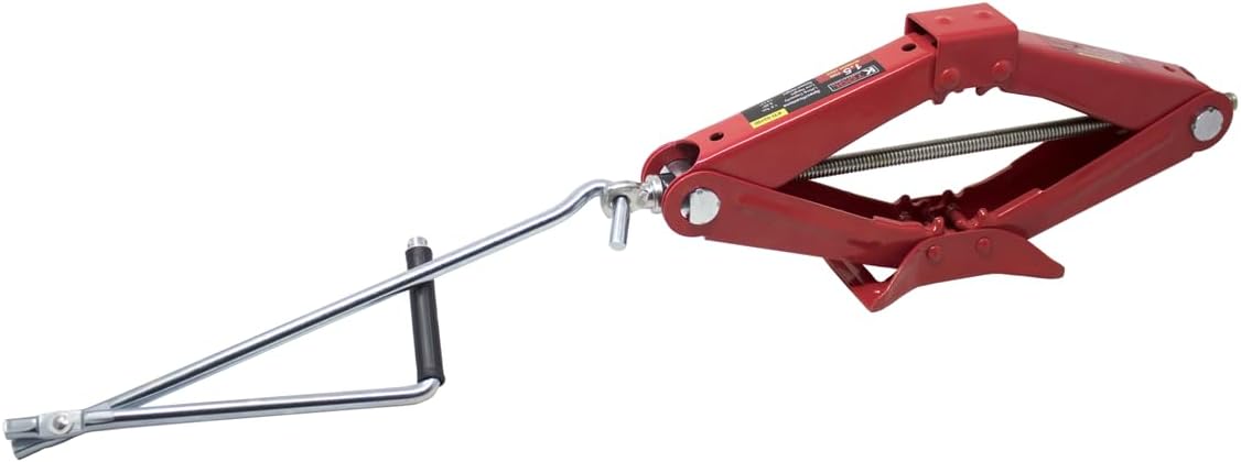 K Tool International 63100 1.5 Ton Automotive Scissor Jack for Garages, Repair Shops, and DIY, Compact, Portable, 3,000 lbs. Capacity, Lifting Range 4.1" - 15.2", Alloy Steel, Long Crank Handle, Red