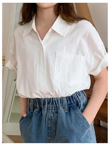 SweatyRocks Girl's Oversized Button Down Linen Shirts Short Sleeve Blouse Tops with Pocket2