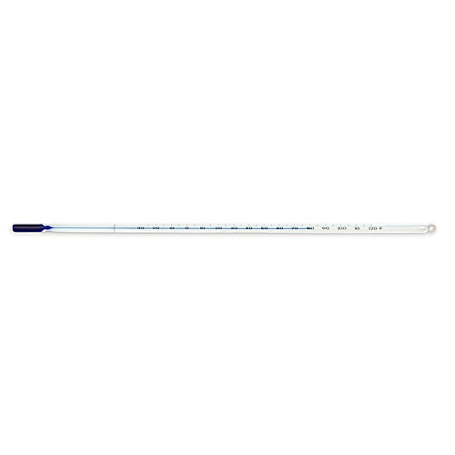 Vee Gee 80906 Serialized Precision Thermometer, Safety Blue Filled, Partial Immersion, -35 to 50 Degree C Range, 1 Degree C Subdivision, 12" Length, White Backing
