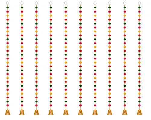 Image of Bindian Pom Pom Beads & Golden Bell Toran for Main Door, Pack of 10 Door Hanging Decorative Items, Home Decor Wall Hanging Decoration, Pooja Room Decor, Festival Decoration