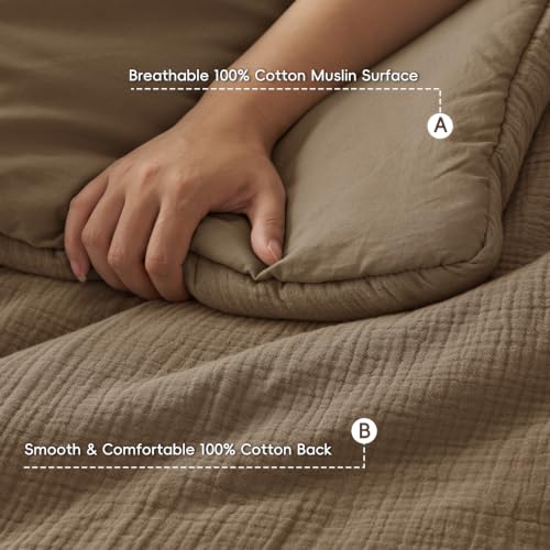 Image of PHF Cotton Muslin Comforter Set Twin, Ultra Soft Breathable, Mocha