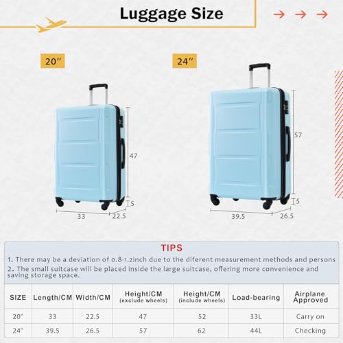 Lightweight 2 Piece Luggage Set with Expandable Spinner Wheels, Durable ABS Suitcases for Travel - 20inch + 24inch, Light Blue3