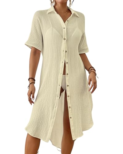 Bsubseach 2025 Cotton Beach Cover Up for Women - Long Button Down...