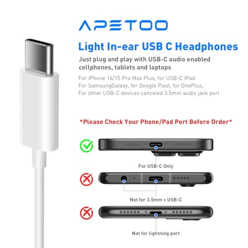 Image of APETOO USB C Headphones for iPhone 17 16 15 Pro Max, Wired Earbuds with Mic | Volume Control Stereo Type C In-ear Earphones for iPad Pro Galaxy S26 Ultra S25 S24 S23 S22 A17 A16 A55 Pixel 10 9 8