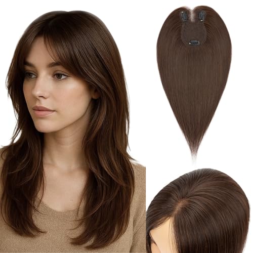 S-noilite Topper Capelli per Donne, 27g Capelli Umani Frangetta Laterale, Senza Frangia Fermaglio per Capello per Diradati, Capello Toppers con Base Intrecciata a Mano, 25CM Marrone Scuro #2R