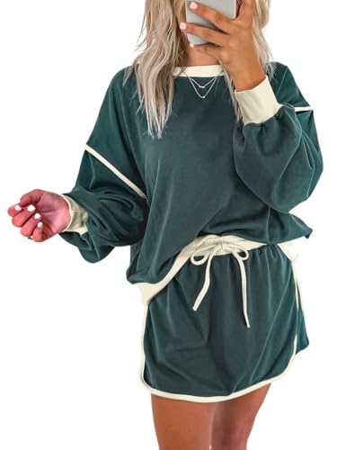 Ecosunny 2 Piece Sets for Women Casual Tracksuit Sweatshirt Waist Skirted Skorts Matching Set Lounge Wear Sweat Suit Evergreen S