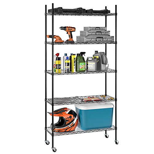 Homfa Estantería Metálica Estantería Almacenaje con Ruedas de 5 Estantes con Baldas Ajustables para Baño Cocina Dormitorio Salón Negro 184x89x34cm