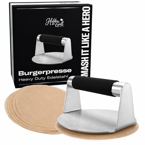 Helden am Grill Burgerpresse Edelstahl Burger Smasher mit Silikongriff inkl. 25 Backpapier-Zuschnitte Smash Burger Presse Hamburgerpresse Patty Maker