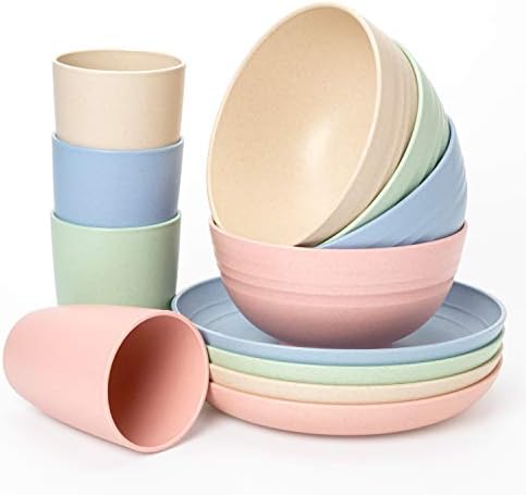 Euodia Wheat Straw Plastic Dinnerware Sets for 4 (Dinner Plates, Bowls & Cups) -Dishwasher & Microwave Safe – Unbreakable Reusable Lightweight Eco Friendly & BPA Free - Kids Toddlers Elderly Adults
