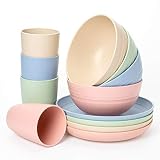 Euodia Wheat Straw Plastic Dinnerware Sets for 4 (Dinner Plates, Bowls & Cups) -Dishwasher & Microwa