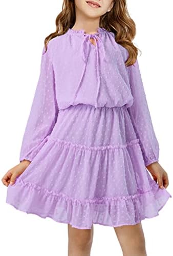 Girls Dresses 10-11 Purple Dress for Girls Swiss Dot Mesh Kids Dress Long Sleeve Knee Length Ruffled Flowy Dresses Cute A-Line Girls Spring Summer Dresses Casual Girl Dress