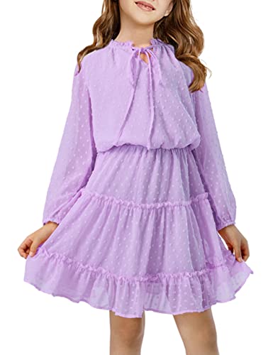 Girls Dresses 10-11 Purple Dress For Girls Swiss Dot Mesh Kids Dress Long Sleeve Knee Length Ruffled Flowy Dresses Cute A-Line Girls Spring Summer Dresses Casual Girl Dress #TOP3