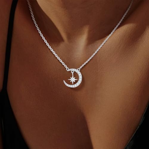 CeaKIev S925 Sterling Silver Moon and Star Necklace for Women, Dainty CZ Crescent Pendant, Jewelry Gift for Birthday, Anniversary, Valentine’s Day, Mother’s Day2