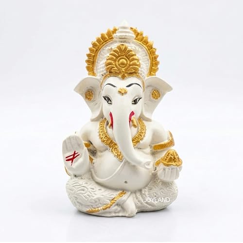 Image of JOY LAND Lord Ganesha Car Dashboard Idol | White & Gold Ganesh Murti for Car Dashboard, Home & Office Decor (Off White)