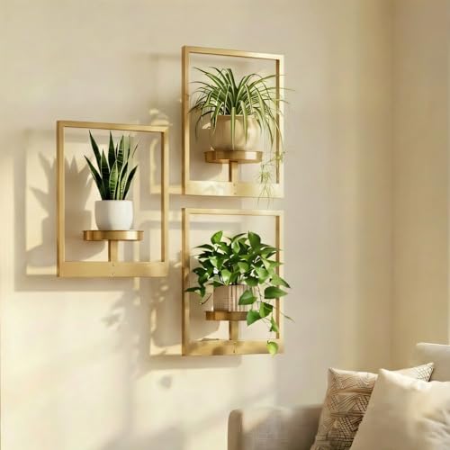 bbteroiu Picture Frame Wall Planters Set of 3, Modern Metal Hanging Shelves for Plants, Rustproof Wall Mount Flower Pot Holder for Indoor Outdoor, Decorative Plant Stand for Living Room Patio, Gold