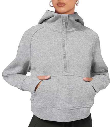 LASLULU Womens Cropped Hoodies Sport Athletic Zip Up Hoodie Sweater Fleece Lined Sweatshirt Long Sleeve Pullover Fall Fashion 2024 Pockets(Light Grey Small)