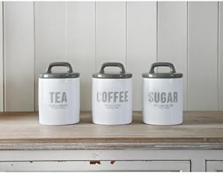 RETRO GREY SET OF 3 CERAMIC TEA COFFEE SUGAR STORAGE JARS CANISTERS NEW Pajee TM