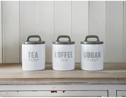 RETRO GREY SET OF 3 CERAMIC TEA COFFEE SUGAR STORAGE JARS CANISTERS NEW Pajee TM