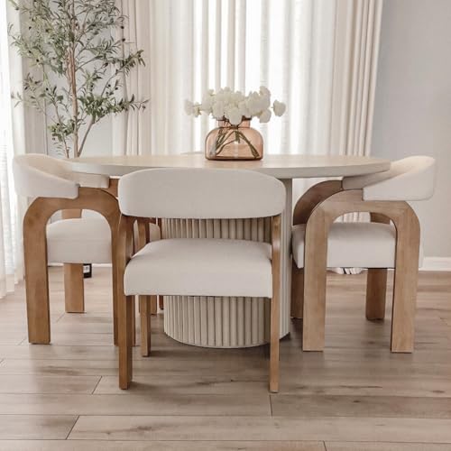 DAYALANE Farmhouse Dining Chairs Set of 4 - Upholstered Armchairs with Linen Cushions & Curved Wooden Arms Barrel Wood Kitchen Chairs for Dining Room/Cafe/Kitchen Island (Oatmeal Beige)
