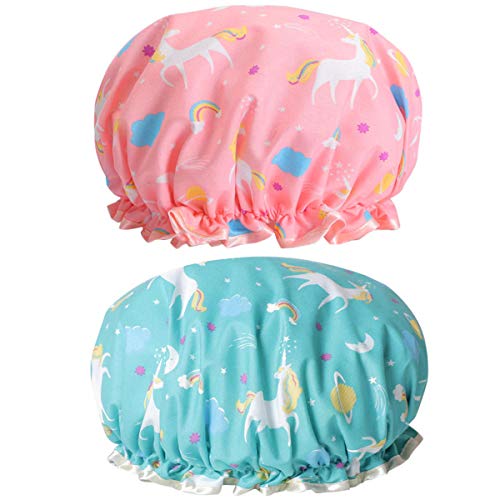 Gorro de ducha con diseño de unicornio, reutilizable, impermeable, doble capa, protección del cabello, de plástico EVA, con banda elástica para el medio ambiente