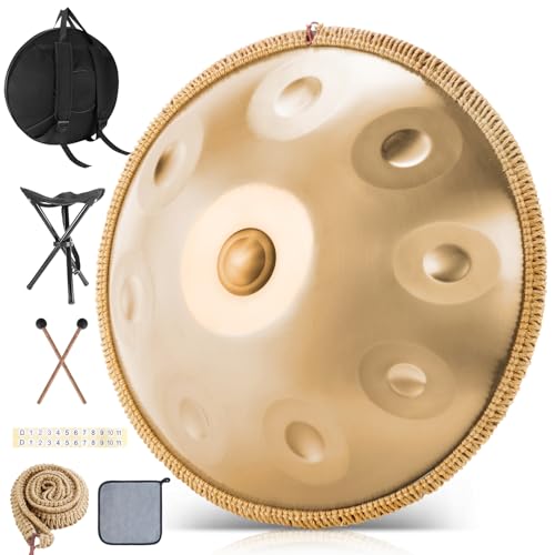 BIILOYY Handpan Drum, 22 Zoll 9 Note 440 Hz Handpan Instrument,Steel Tongue Drum in D-Moll Steel pan für Yoga-Meditation, Klangheilung (Gold, 9 Töne- 440Hz)