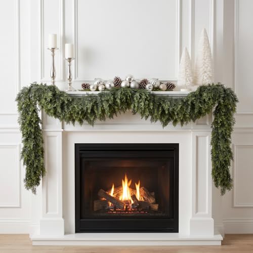 Image of Hananona 9FT Artificial Cedar Garlands, 2Pcs Real Touch Soft Cedar Pine Garland, Winter Artificial Greenery Garland for Fireplace Mantel Staircase Porch Table Indoor Home Decor (2, Dark Green, 9FT)