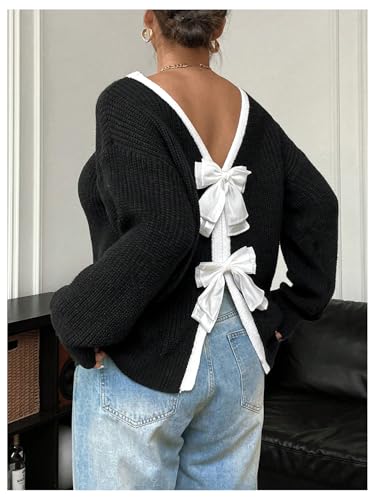 MakeMeChic Women's Plus Size Bow Fall Sweater Backless Chunky Pullover Top2