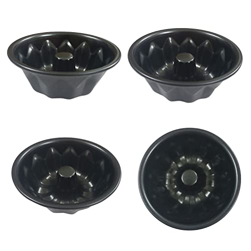 Proshopping 4Pcs Mini Bundt Cake Pan 4", Nonstick Fluted Bundt Cake Pan, Cake Fluted Tube Pan Bakeware Set, Reusable Carbon Steel Baking Cup Mold, Fluted Cake Mold For Cupcake Kugelhopf - Round, Black #TOP4