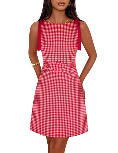 MEROKEETY Women's 2026 Summer Gingham Mini Dress Ruched Sleeveless Boat Neck Cocktail Party Beach Dresses, Red, S