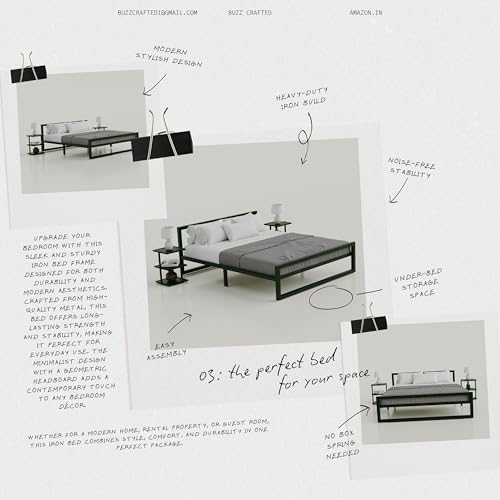 Image of Bed Queen Size Metal Frame | Heavy Duty Steel Platform Double Cot | Steel Floor Frame with Queen Slats |Metal Iron Bed| Noise Free & No Box Spring Needed | Home, Hotel, Hostel & Guest Room | Black