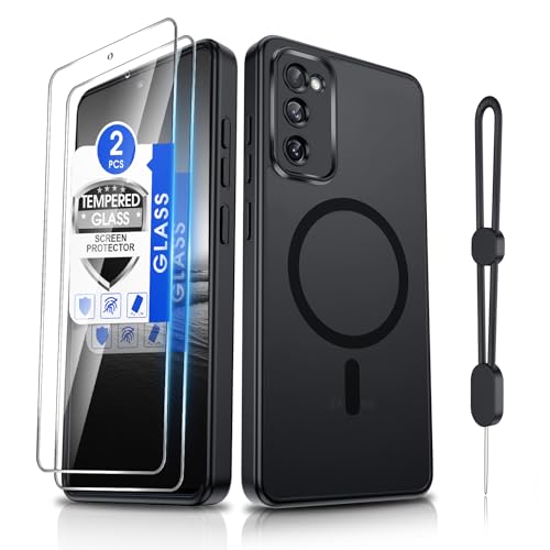 Dizn Magnetic for Samsung Galaxy S20 FE Case with Tempered Glass Screen Protector,Compatible with MagSafe Wireless Charging,with Strap,Matte Translucent & Military Grade Funda Protective S20FE, Black