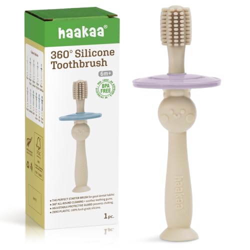 Image of haakaa 360 Baby Toothbrush with Suction Base - Beige + Lavender