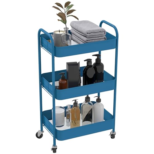 HOMCOM Carrito Auxiliar con Ruedas Carrito de Almacenamiento con 3 Cestas y Marco de Acero para Salón Dormitorio Oficina Cocina 45x30,6x79 cm Azul Oscuro