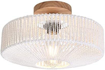 DESGNT Woven Rattan Ceiling Light Fixtures,Boho Semi Flush Mount Ceiling Light,Hand-Woven Cage Natural Wicker Bedroom Light Fixture for Hallway Entryway Corridor Balcony Laundry Room