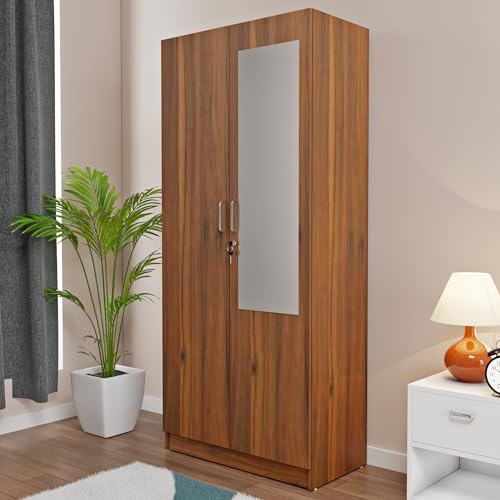 Image of VIKI Wardrobe | Shirakawa Wardrobe | Wooden Almirah for 2 Door Wardrobe with 4 Shelves with Mirror (Brussel Walnut - 40D x 80W x 180.8H) | 1 Year Warranty | Free Assembly