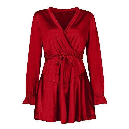 Women's V Neck A-Line Dress Mini Swing Party Wedding Long Flared Sleeve Dresses Casual Soft Velvet Belted Dress (Red, Xxl) #TOP5