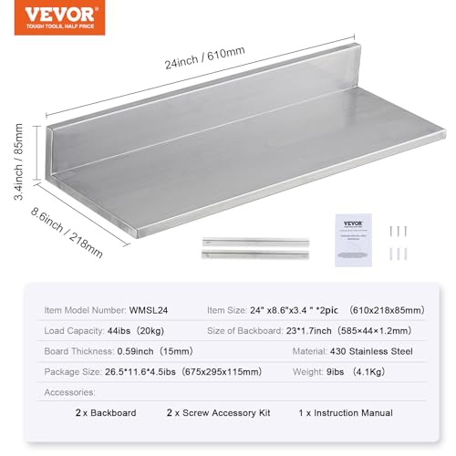 VEVOR 8.6" x 24" -2Pack Stainless Steel Shelf, Wall Mounted Floating Shelving with Backsplash, 44 lbs Load Capacity Commercial Shelves, Heavy Duty Storage Rack for Restaurant, Kitchen, Bar, Home by VEVOR - Image 8