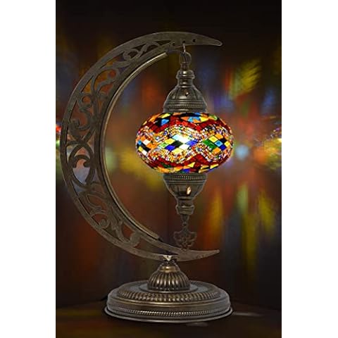 mozaist Turkish Lamp, Unique Lamps, Moon Shaped Mosaic Table Lamp, Moroccan Handmade Antique Bohemian Vintage Lamp Shade, Tiffany Desk Bedside Stained Glass Lamp with US Plug and E12 Socket Cover