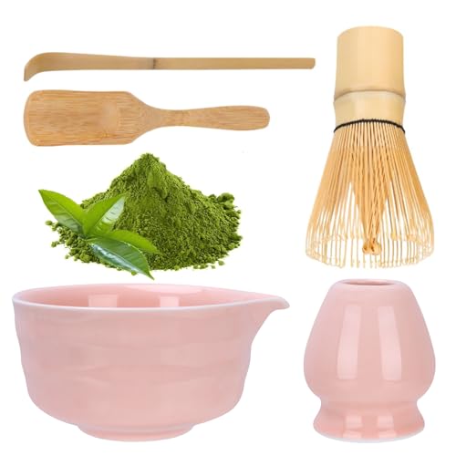Matcha-Set, Matcha Set Rosa, Matcha Schüssel mit Ausgießer, Matcha Rührer und Ständer, Matcha Löffel, Teelöffel, 5-teili...