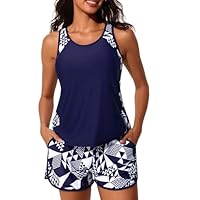 Summer Mae Blouson Tankini Swimsuits for Women 2025 Tummy Control Two Piece Bathing Suits with Sporty Pockets Swim Shorts Cube Size 14