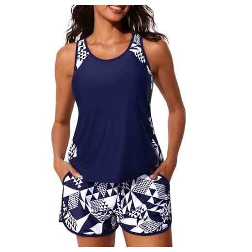 Summer Mae Blouson Tankini Swimsuits for Women 2026 Tummy Control Two Piece Bathing Suits with Sporty Pockets Swim Shorts Cube Size 14
